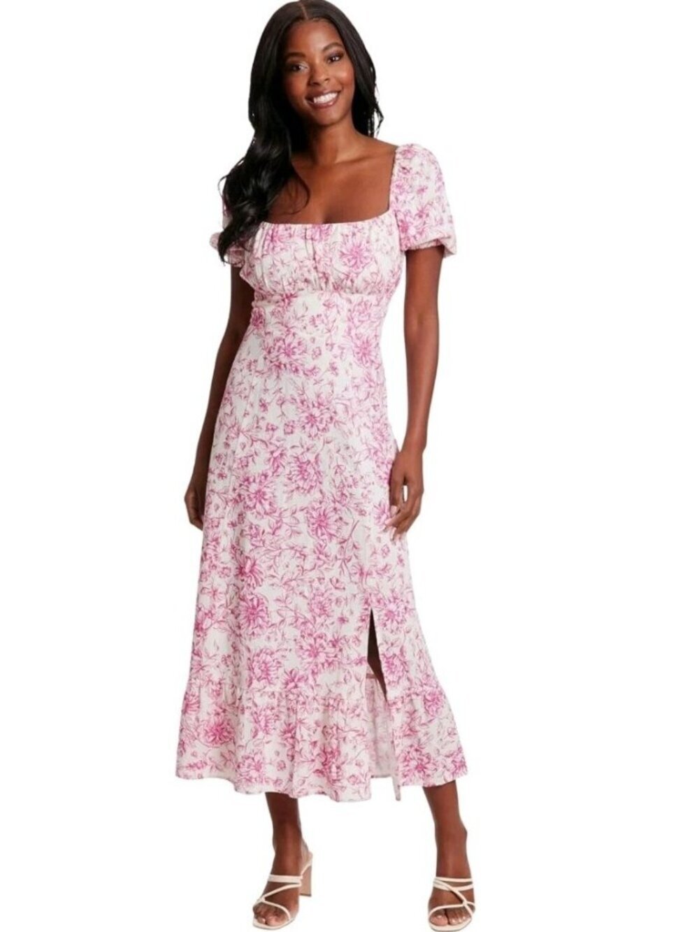 London Times Size 14 Square Neck Smocked Back Linen Blend Pink Floral Dress Nwt